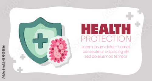 Guard shield attacked by virus, germs and bacteria. Immune system and virus protection concept with Health Protection text. Immunity hygienic medical prevention