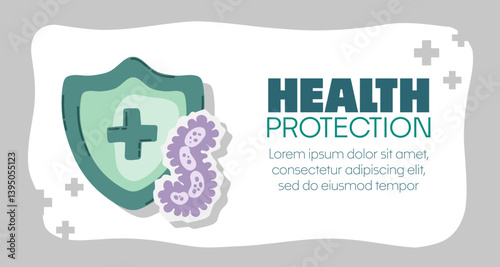 Guard shield attacked by virus, germs and bacteria. Immune system and virus protection concept with Health Protection text. Immunity hygienic medical prevention