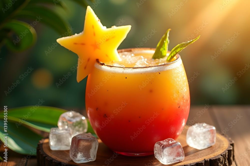 Exotic Tropical Fruit Punch, A Refreshing and Vibrant Summer Cocktail with Star Fruit Garnish, Perfect for a Beach Party or Relaxing Vacation Getaway