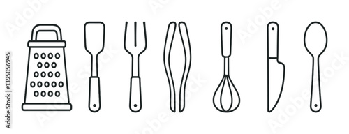 Essential kitchen utensils icon set in linear style
