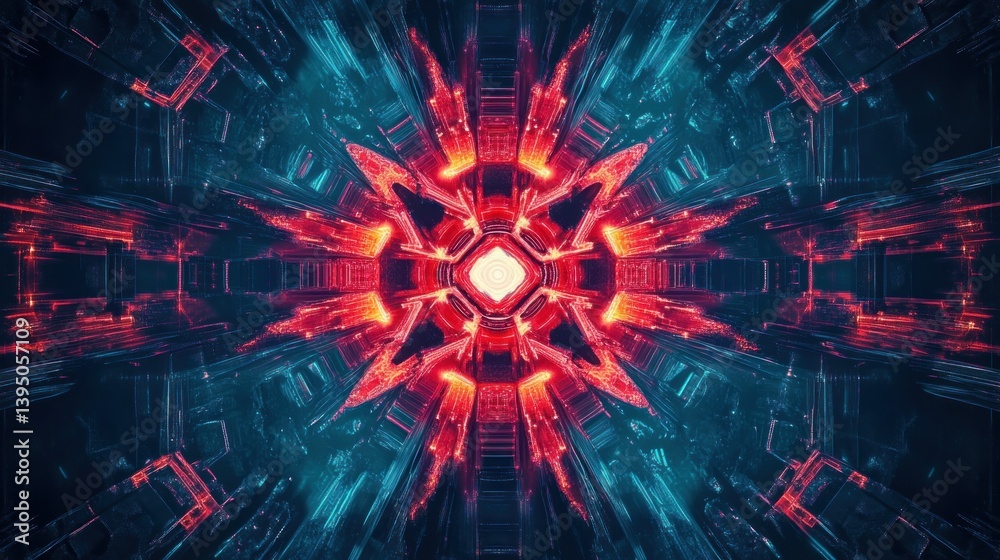 Fototapeta premium Abstract, symmetrical, futuristic, glowing, geometric, technological, intricate, pattern