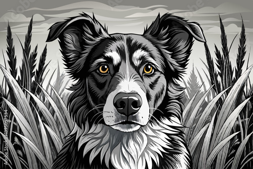 vector of Loyal gaze: A focused dog, amid a field of tall grass, stares steadily at the camera, expressing trust and loyalty, captured in a timeless monochrome.