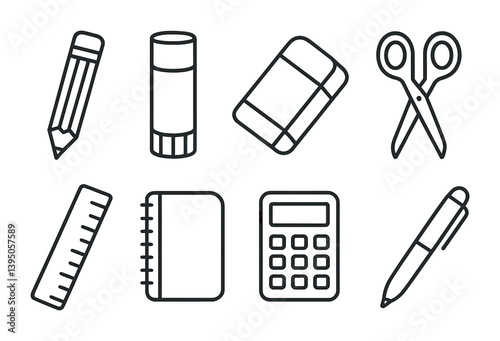 Essential school supplies linear icon set: pencil, ruler, calculator, notebook, more
