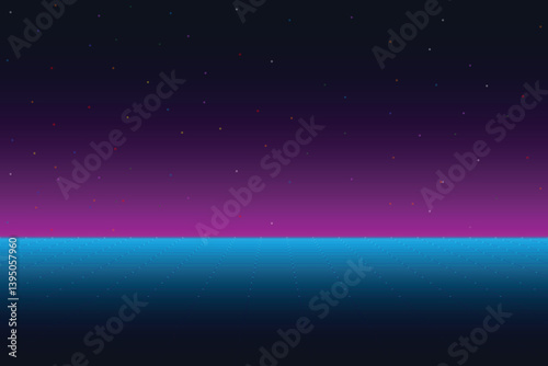 Retro cyberpunk style 80s game scene pixel art 8-bit sci-fi background. glowing neon grid and stars from vintage arcade computer games.	