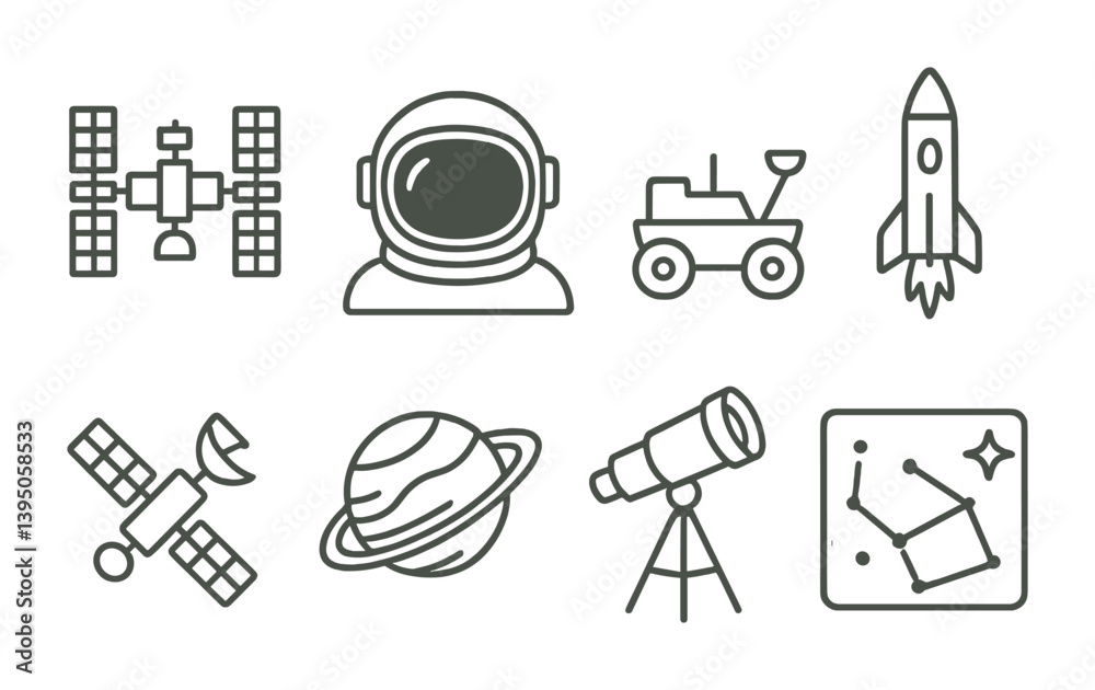Fototapeta premium Space exploration icons set: astronaut, rover, telescope, rocket, and more in linear style