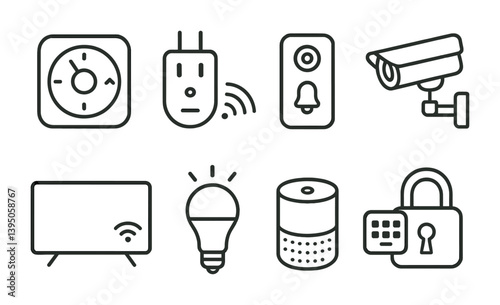 Smart home technology linear icons set: security, automation, and connectivity