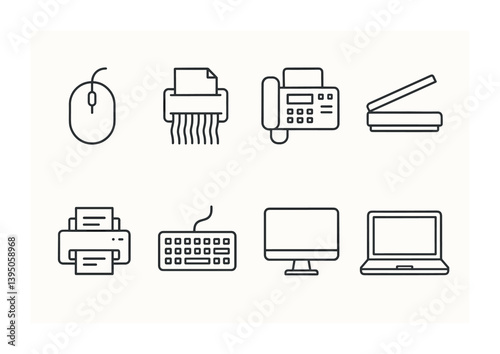 Essential office equipment icons set: 3d linear style for modern workplaces