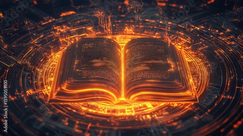 A glowing open book surrounded by a halo of abstract patterns 