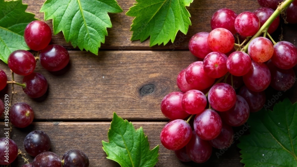 Fototapeta premium Aromatic Red Grapes and Lush Green Vine Leaves on Rustic Wooden Surface