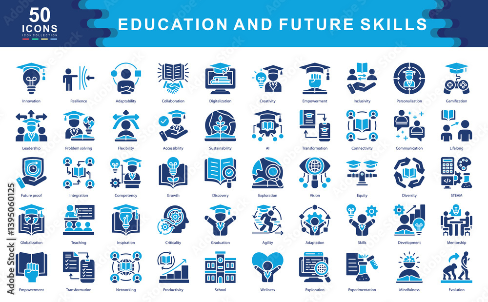 Education And Future Skills icon collection set. Simple color fill vector illustration.