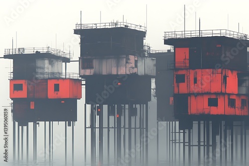 Structures rise above the water in a hazy and mysterious atmosphere