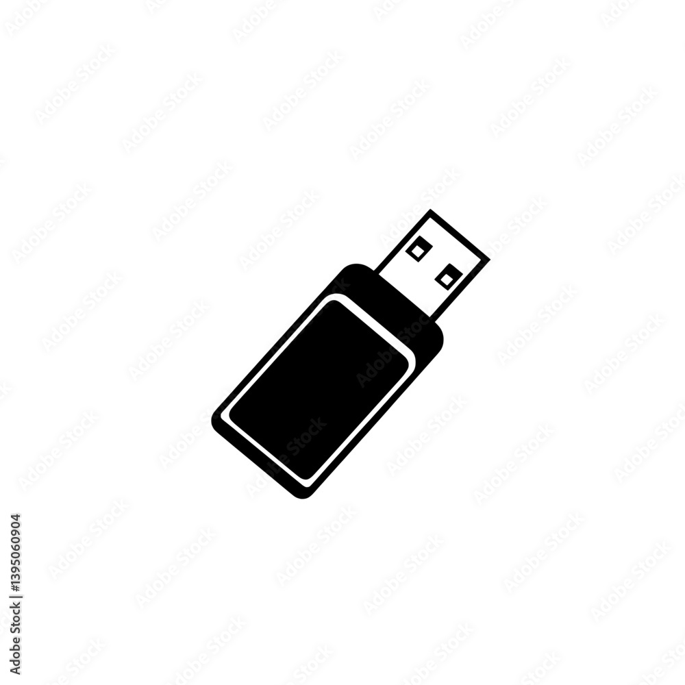 Angled USB flash drive icon with rectangular body and connector visible in minimalist black and white style Angled USB flash drive icon with rectangular body and connector visible in minimalist black and white style