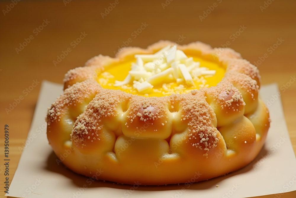 Exquisite Golden-Brown Filipino Ensaymada Bread, A Culinary Delight with Cheesy and Buttery Perfection, Capturing the Essence of Traditional Filipino Baking Artistry