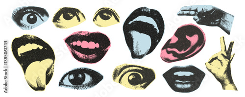 Trendy halftone photocopy effect eyes, lips, face elements . Grunge punk collage art with grainy dotted texture. Modern retro vector illustration.