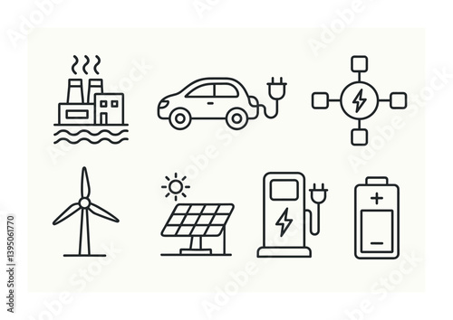 Eco-friendly energy icons set: linear style for sustainable tech and renewable power