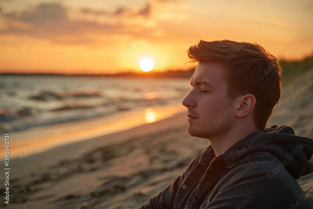 Fototapeta premium Person meditating in sunlight nature park beach ocean forest field in peaceful mindfulness practice, generative ai
