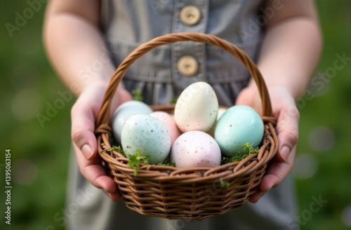 Easter basket with eggs in the hands of a girl