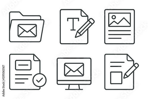 Email and document management icons set: linear style for digital communication and organization