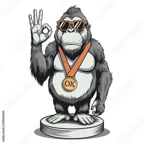 Gorilla's Approval: A cool gorilla with sunglasses and a medal, making the "OK" gesture, stands on a pedestal, conveying a sense of approval.