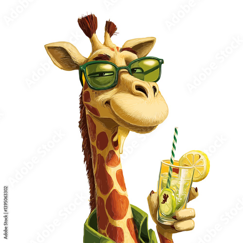 Giraffe in Summer Vibe: An eye-catching illustration of a giraffe enjoying a refreshing beverage, embodying carefree summer vibes. Perfect for adding a touch of fun and whimsy to any project. 