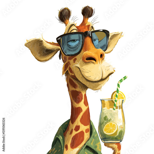 Giraffe Chillaxing with Lemonade: An animated giraffe sporting sunglasses, a relaxed grin, and a refreshing beverage, exuding vibes of leisure and tropical coolness. 