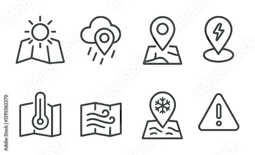 Weather and maps linear icons set: navigation and climate symbols collection