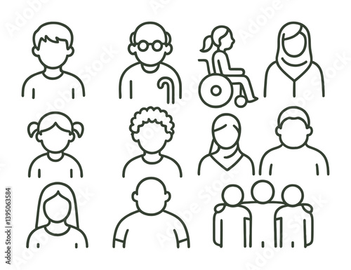 Inclusive community icons set: diverse, accessibility-focused linear style