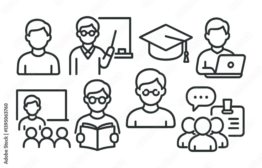 Linear education icons set: teacher, student, blackboard, graduation cap, meeting Linear education icons set: teacher, student, blackboard, graduation cap, meeting