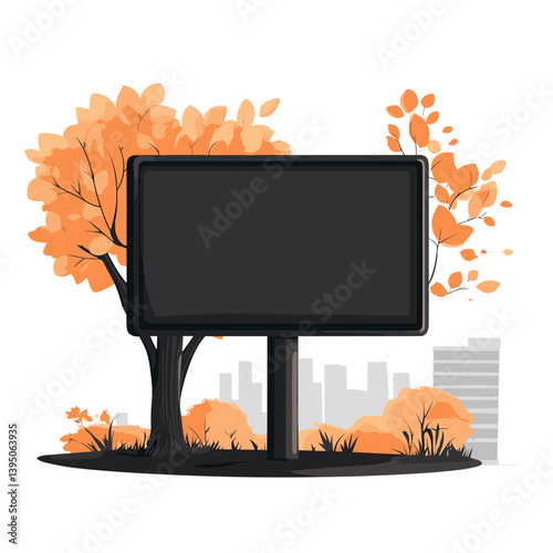 Blank Billboard with Autumn Leaves and Cityscape Background