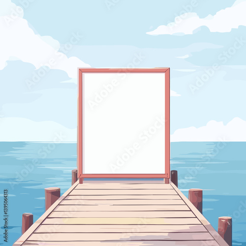Blank Sign on Wooden Dock Over Ocean