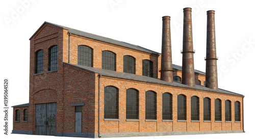 Canvas Print Isolated Old Brick Factory Building with Tall Chimneys