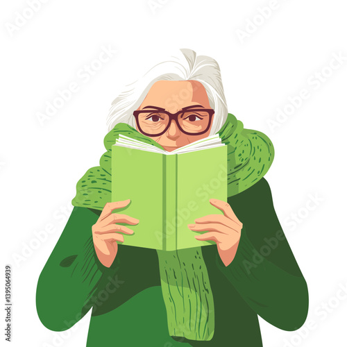 Elderly Woman Reading a Green Book in a Green Sweater