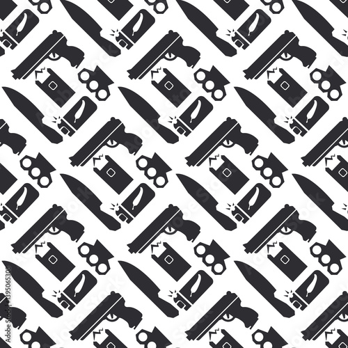 Seamless pattern with handgun, pepper spray, brass knuckles and stun gun