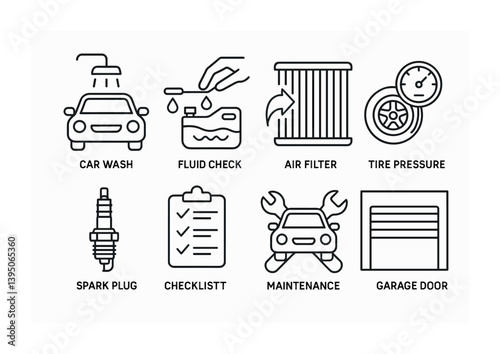 Minimalistic linear car maintenance icons set for essential automotive care