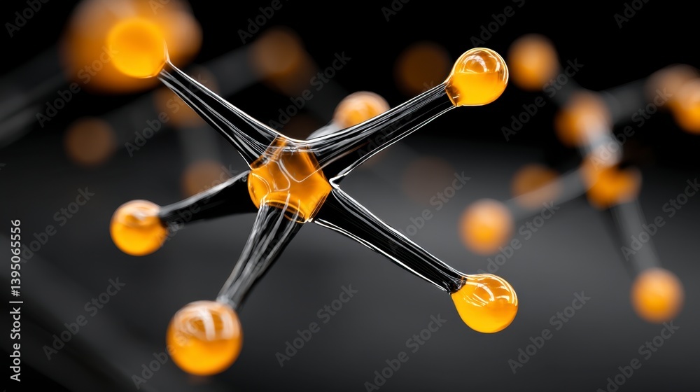 Abstract 3D rendering of a molecule model with orange and black elements against a dark background. Abstract 3D rendering of a molecule model with orange and black elements against a dark background.