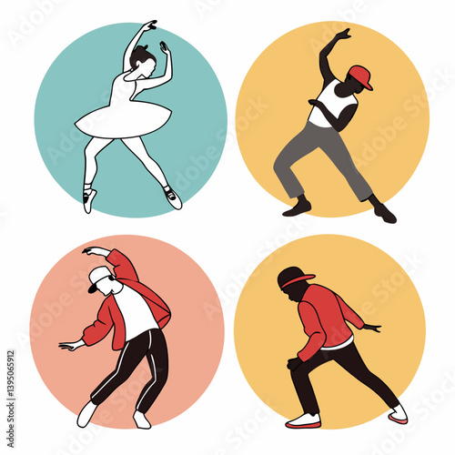 Hip hop and ballet dancers in colorful circles