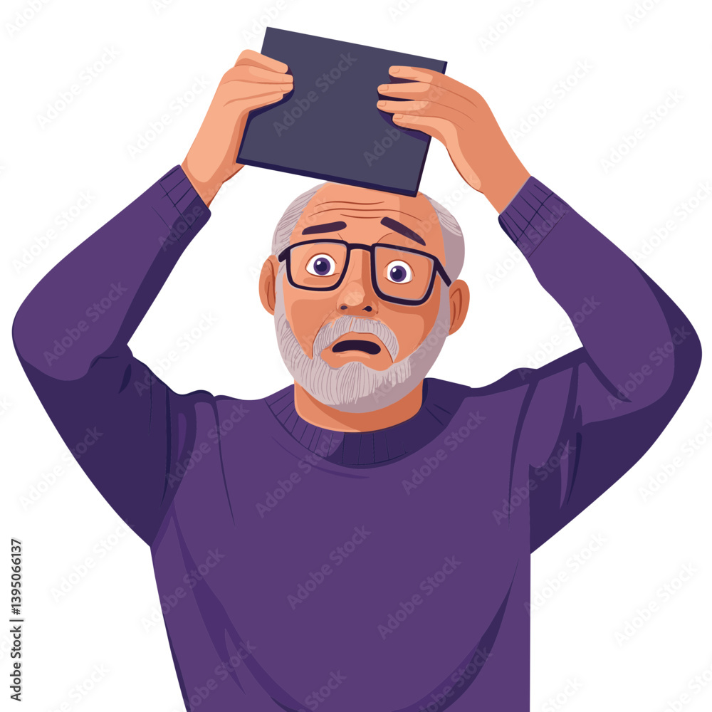 Obraz premium Worried Senior Man Holding a Black Object Over His Head
