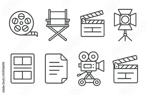 Film production icons set: 3d style design with camera, clapperboard, and more