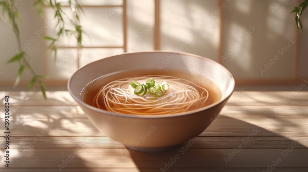 Light broth noodle soup, wooden table, sunlit room, Asian setting, food photography Light broth noodle soup, wooden table, sunlit room, Asian setting, food photography