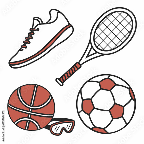 Colored sports gear with ball and shoe icons