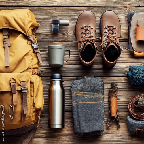 Flat lay of camping and hiking gear on wooden surface ready for adventure