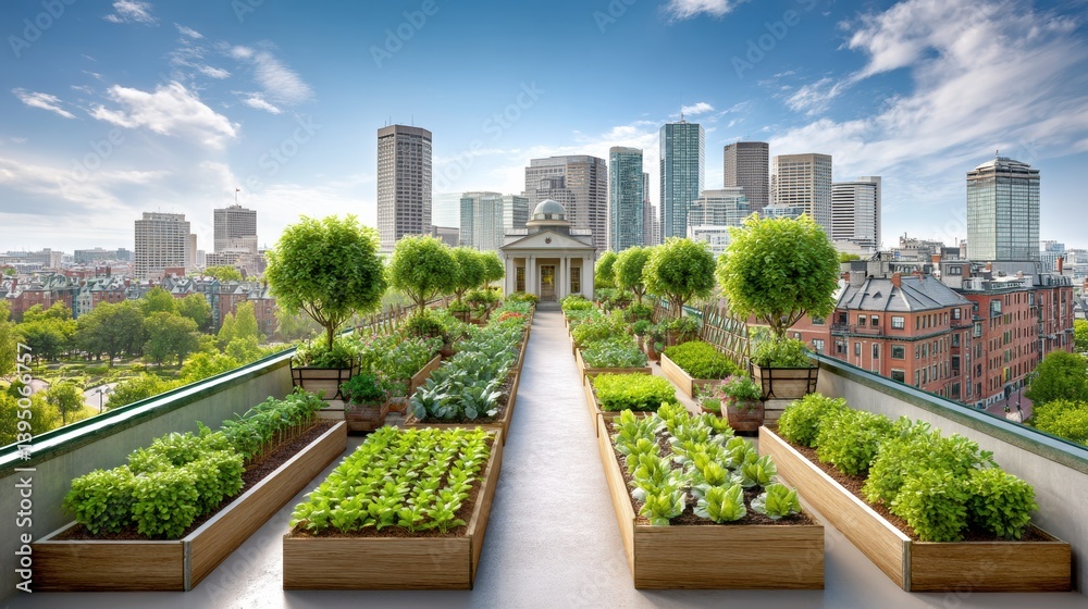 Fototapeta premium Exploring the Urban Oasis: A Rooftop Garden in the Heart of the City for Sustainable Living