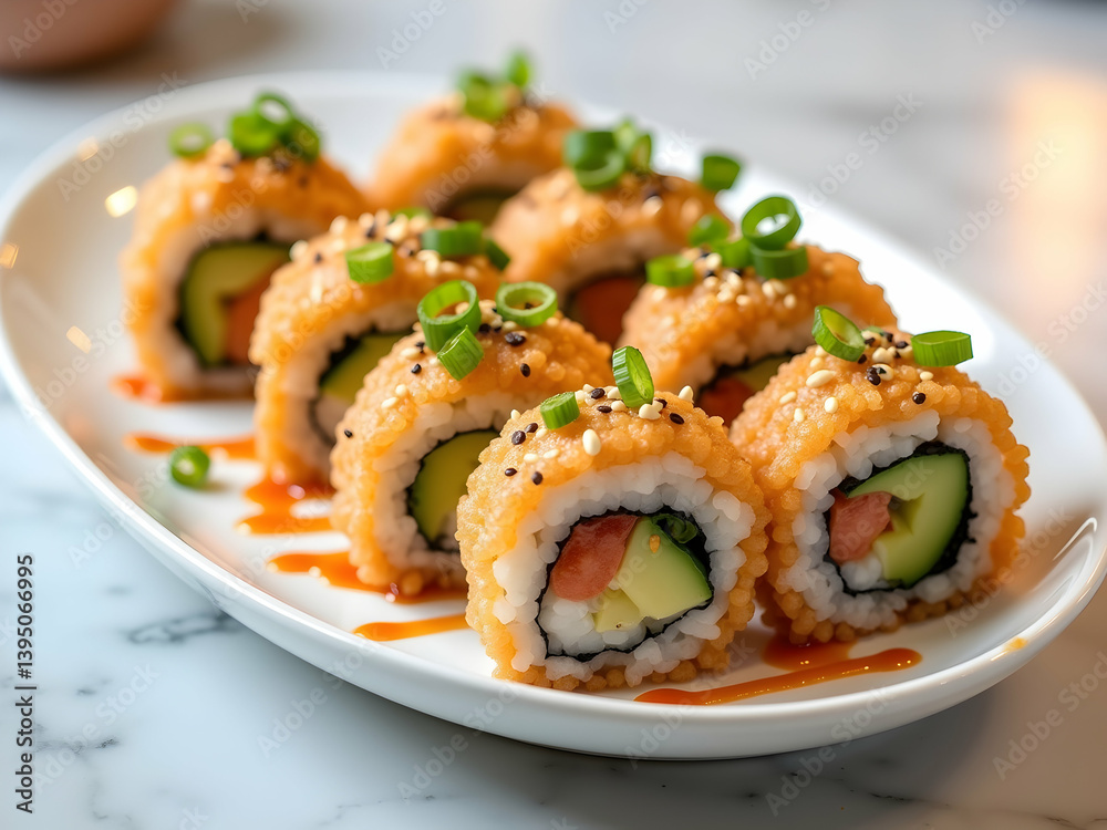 Exquisite Sushi Rolls with Fresh Toppings, A Culinary Delight Featuring Vibrant Colors and Textures on a Classic White Plate for Gourmet Food Lovers Exquisite Sushi Rolls with Fresh Toppings, A Culinary Delight Featuring Vibrant Colors and Textures on a Classic White Plate for Gourmet Food Lovers