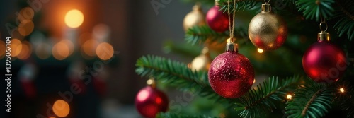 Colorful ornaments hang from a decorated Christmas tree, Tree lighting, Decorated tree, Colorful ornaments