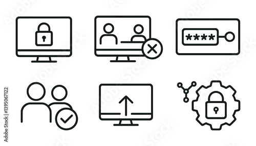 Cybersecurity linear icons set: privacy, access control, data protection, network security