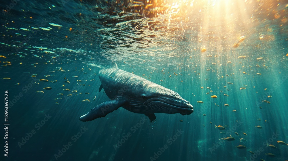 Fototapeta premium A gentle gray whale swimming peacefully underwater, sunlight filtering through the surface, schools of small fish surrounding it.