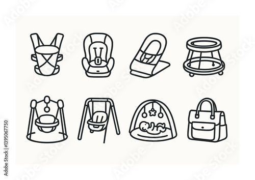 Baby gear linear icons set: essential childcare items for parents and caregivers
