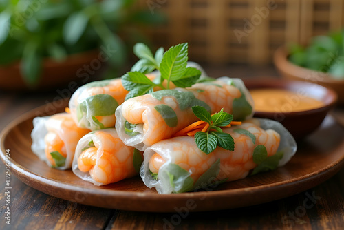 Exquisite Vietnamese Shrimp Spring Rolls, A Culinary Delight Featuring Fresh Herbs, Succulent Shrimp, and Translucent Rice Paper on a Wooden Plate