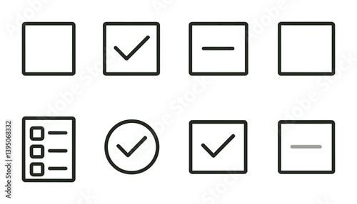 Linear check and list icon set: checkmarks, boxes, and task lists for ui design