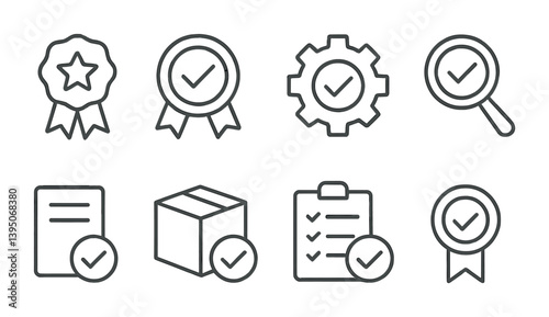 Quality assurance linear icons set featuring checkmarks and awards for business use